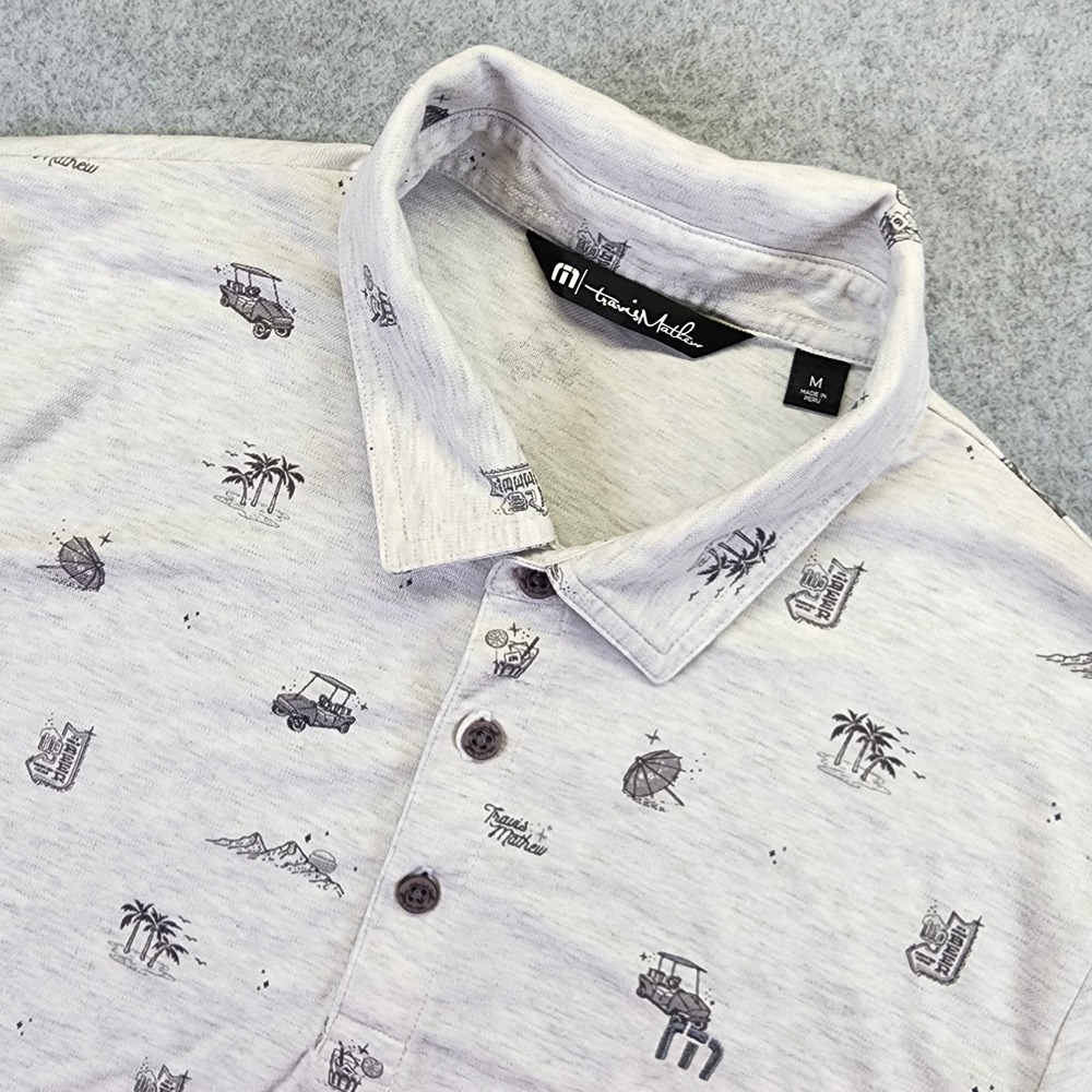 Travis Mathew Polo Mens M Shirt Tropical Golf‎ Cart Beer Cocktail All Over Print